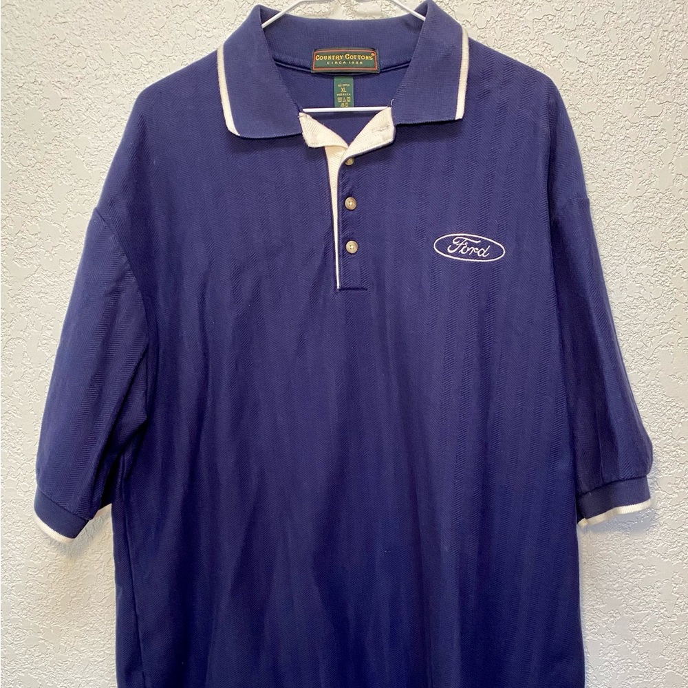 Ford Motors Vintage Made in USA Country Cotton Blue and White Polo Shirt Mens XL